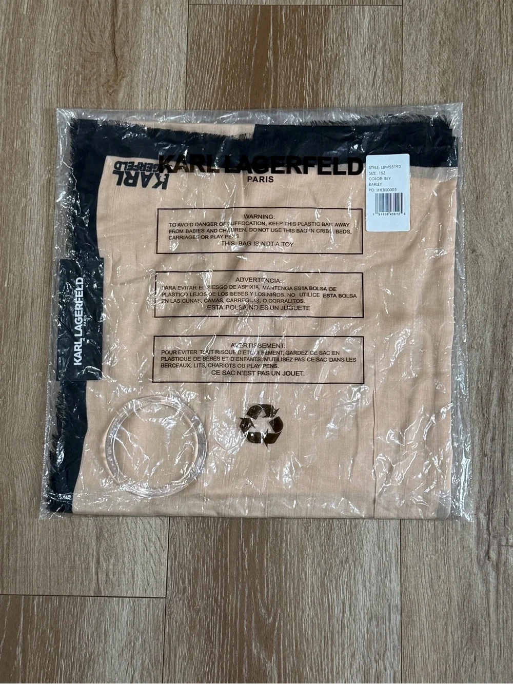 NWT Karl Lagerfeld Paris Logo Print Modal Silk Scarf Wrap Beige Black Barley